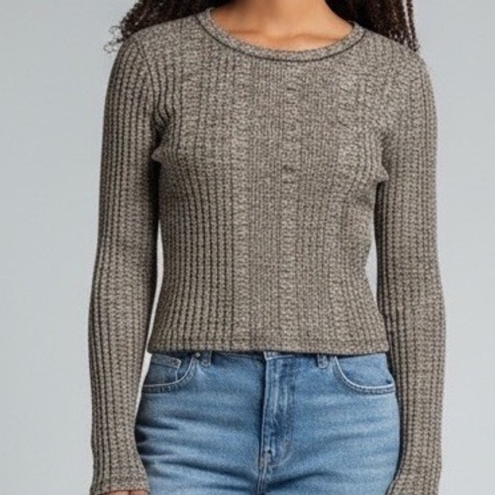 Forever 21‎ Ribbed Knit Long Sleeve Crop Top Brown Gray Size Large